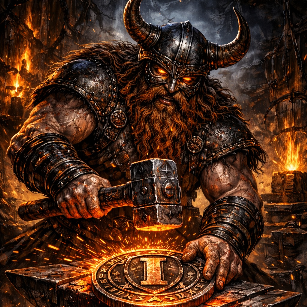 Viking character forging a coin in a fiery.